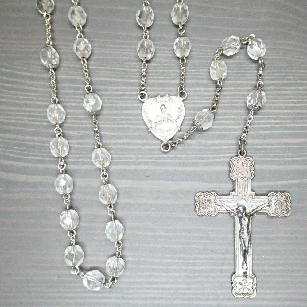VTG Rosary Clear Glass Beads Sterling Silver Cross Alpha Omega Chi Rho Crucifix